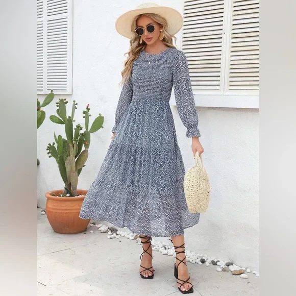 BTFBM | Dresses | Blue White All Over Print Flounce Sleeve Chiffon Shirred  Top Maxi Dress | Poshmark